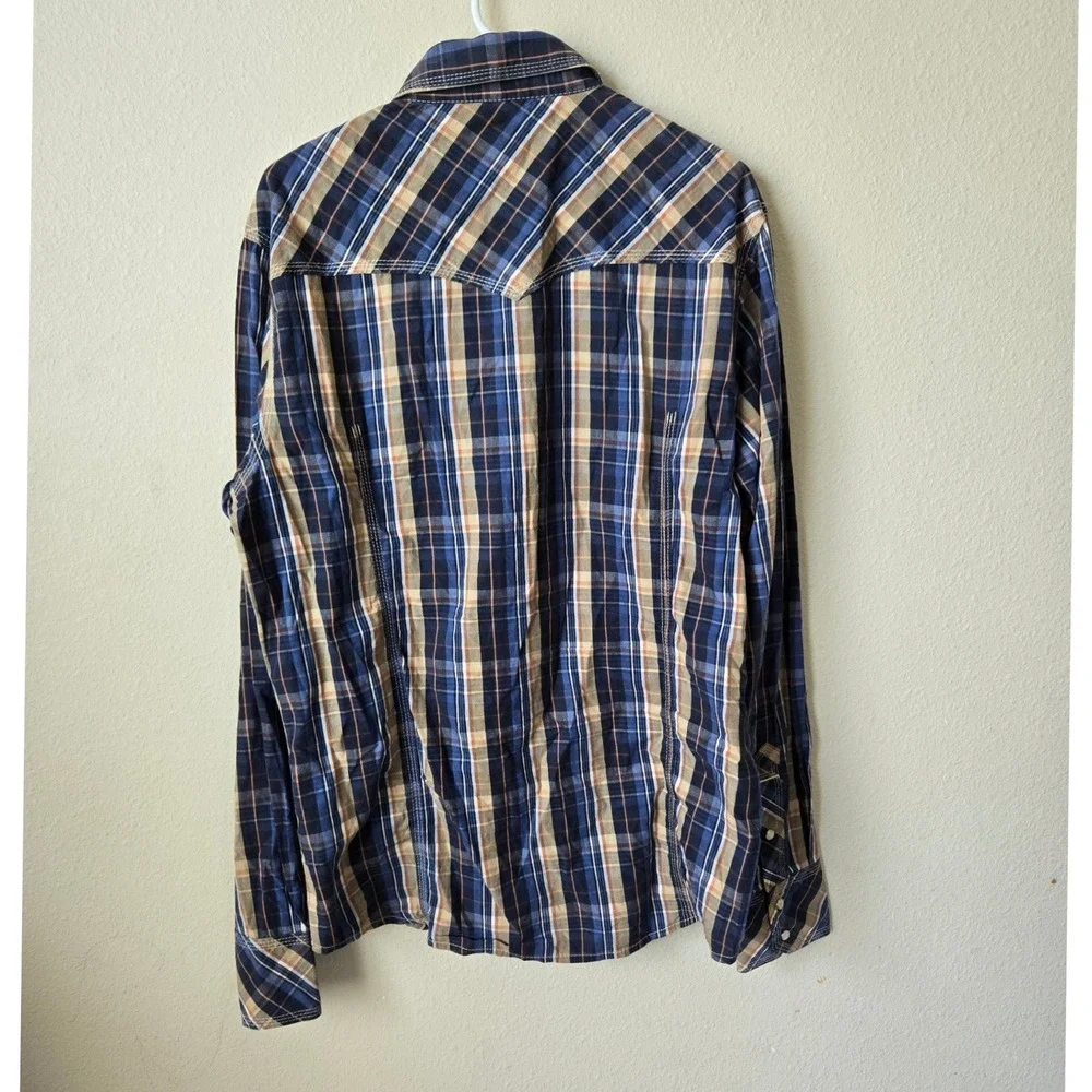 True Religion Mens Western Snap Plaid Shirt Navy Tan ML4BL68MNT XXL